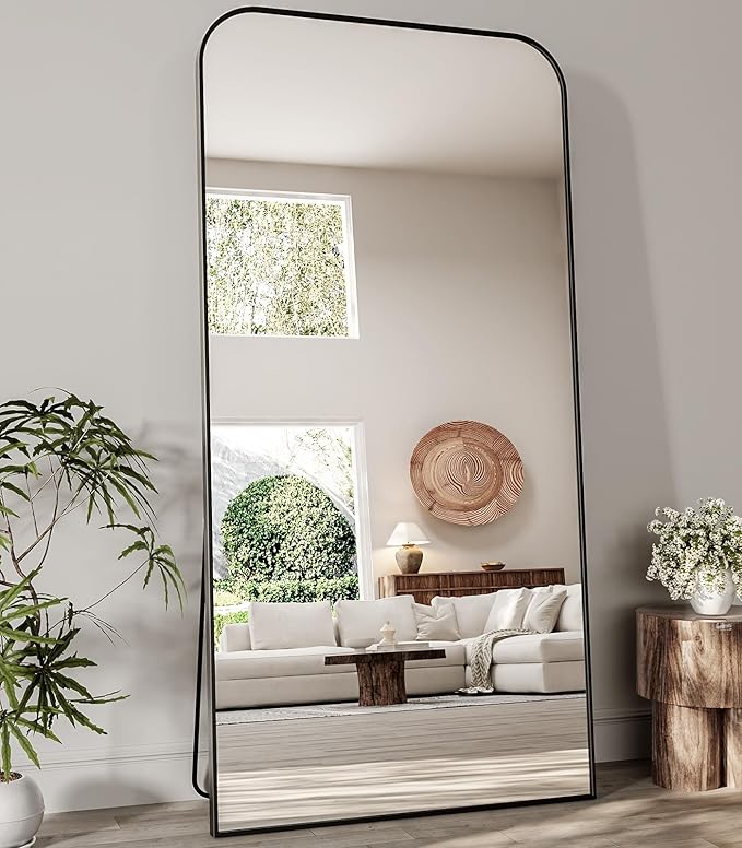 Koonmi Full Length Mirror, 76"x34" Mirror Full Length with Stand, Black Domed Top Square-Edged Floor Mirror with Aluminum Alloy Frame for Bedroom Living Room