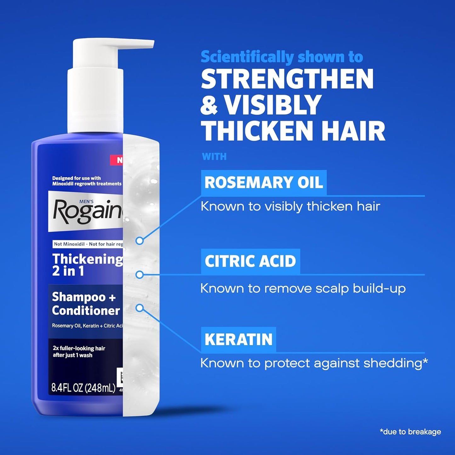 Rogaine Men's Thickening 2 in 1 Shampoo + Conditioner, Hair Thickening Shampoo & Conditioner with Rosemary Oil, Keratin & Citric Acid Leaves Hair Visibly Thicker, Not Minoxidil, 8.4 fl. oz