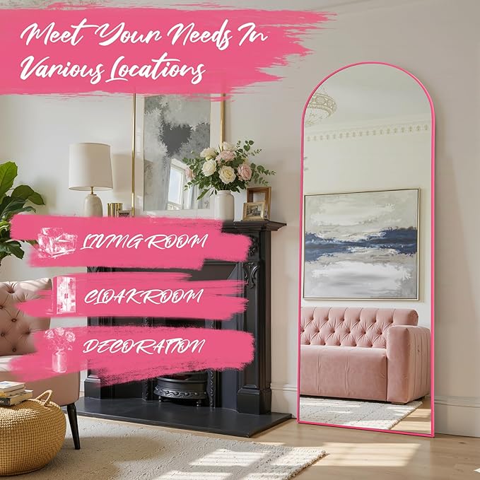 Anpark 28"x71"Arched Full Length Mirror, Full Body Mirror with Stand, Aluminum Frame for Bedroom & Hanging Leaning Modern Simple Home Decor Shatter-proorf Nano Glass Wall Living Room Cloakroom, Pink