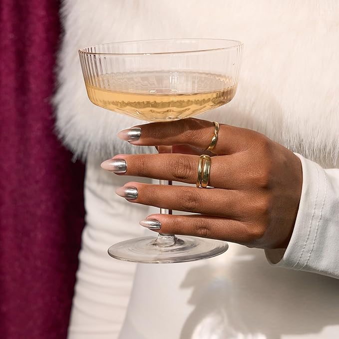 BTArtbox Press On Nails Short - Silver Fizz, Chrome Glitter Almond Press On Nails with Glue and Adhesive Tabs for Women in 16 Sizes - 32 Soft Gel Glue On Nails Kit