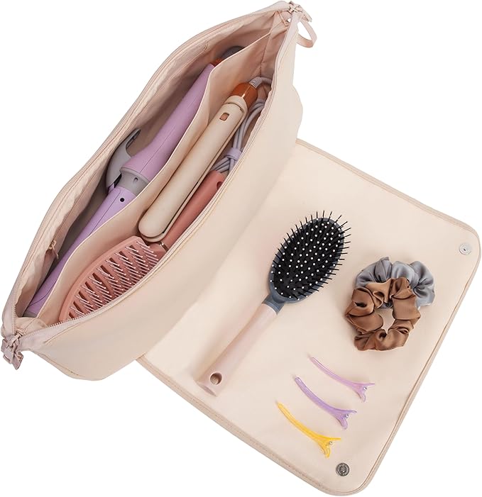 Aerotrunk Hair Tools Organizer - Hot Hair Tools Travel Bag with Heat Resistant Mat, Large Capacity Pouch for Flat Irons, Curling Wands, Hair Dryers - Beige