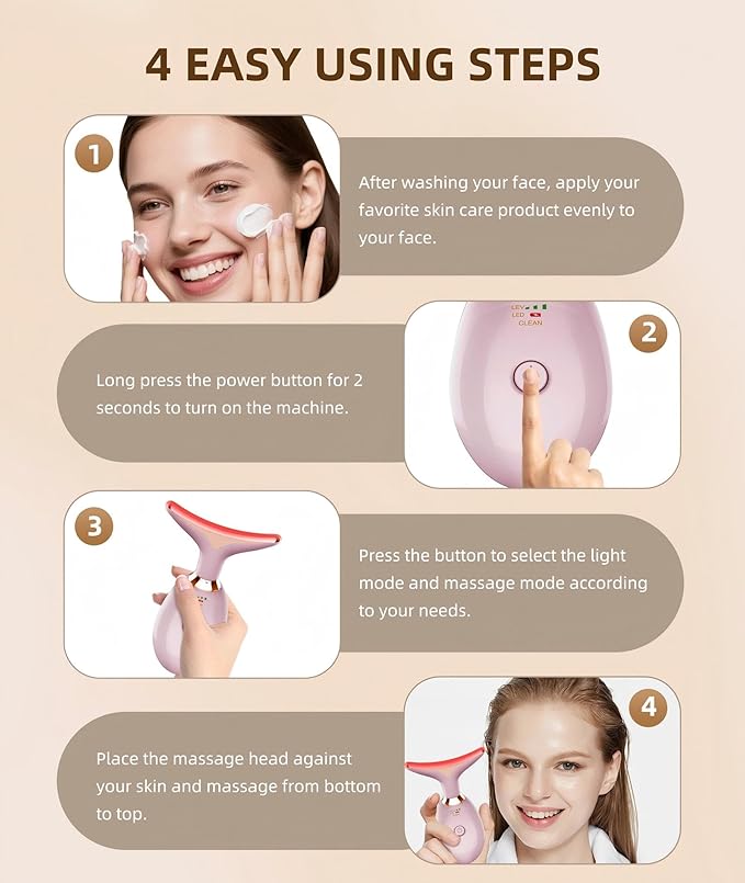 Red Light Therapy for Face and Neck, 7 Color Light Based Face Massager Tool, Portable Skin Care Tool for Firming, Tightening and Lifting (Glossy Pink)