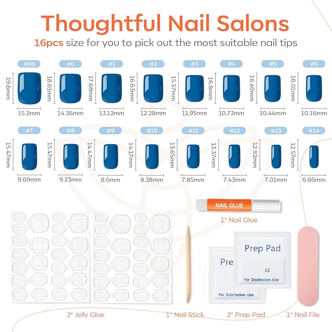 Modelones Blue Press on Nails, Short Square Fake Nails, Reusable Nail Kit with Nail Glue Adhesive Tabs Mini Nail File, Nails Press Ons 32Pcs 16 Sizes, Women Girl Gift