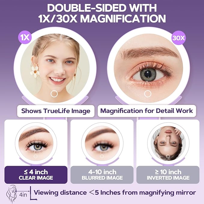 Lighted Makeup Mirror, 30X Magnifying Mirror with Light, Hanging and Handheld Mirror with Handle, Purple