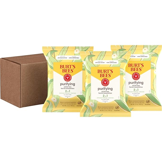 Burt's Bees White Tea Face Wipes, for All Skin Types, College Back to School Dorm Essentials, Hydrating Makeup Remover & Facial Cleansing Towelettes, 30 Ct. (3-Pack)