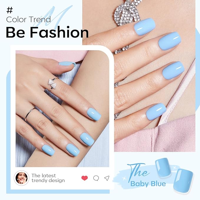 Modelones 32Pcs Baby Blue Press on Nails, Short Square Fake Nails, Reusable Nail Kit with Nail Glue Adhesive Tabs Mini Nail File, Nails Press Ons 16 Sizes