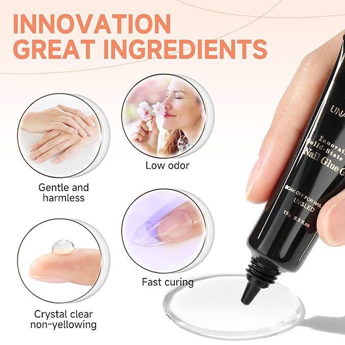 UNA GELLA Gel Nail Glue,30g U V/LED Lamp Required Super Strong Solid Nail Glue Gel 2pcs For Fake Acrylic Nails Tips Press Ons Extension Soak Off DIY Salon