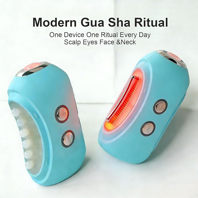 Face Massager Tool with Red Light Therapy for Face, Jade＆Rose Quartz Microcurrent Facial Device with Vibration＆7-Color LED Warm Heat, Gua Sha Facial Tools for Lifting, De-Puffing, Lymphatic Drainage