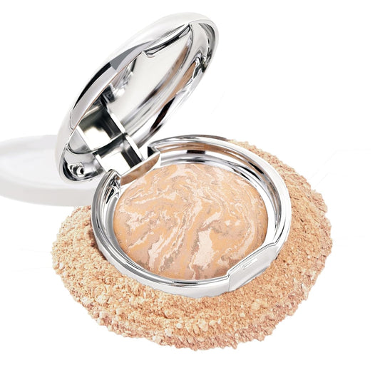 Marbleized Baked Foundation Makeup, Balance and Brighten Color Correcting Powder Foundation - Buildable Light to Medium Coverage - Demi-Matte Natural Finish (#002 LIGHT, 0.32 Oz)