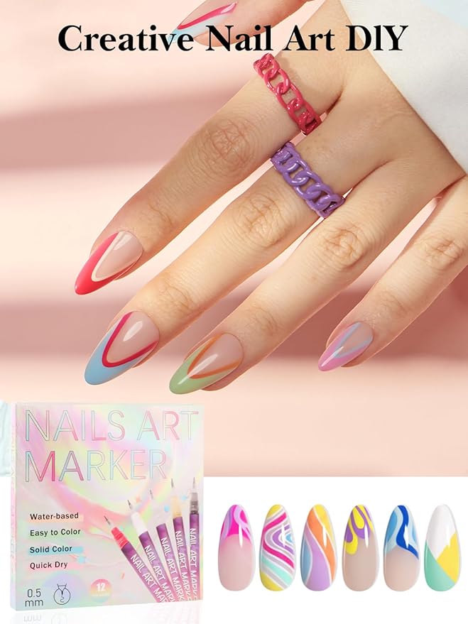 EBANKU 12 Colors 3D Nail Art Pens, Fine Tips 0.5 MM Nail Polish Pens Quick-Drying Acrylic Nail Paint Point Dotting Liner Pen Tools for Home & Salon Manicure DIY