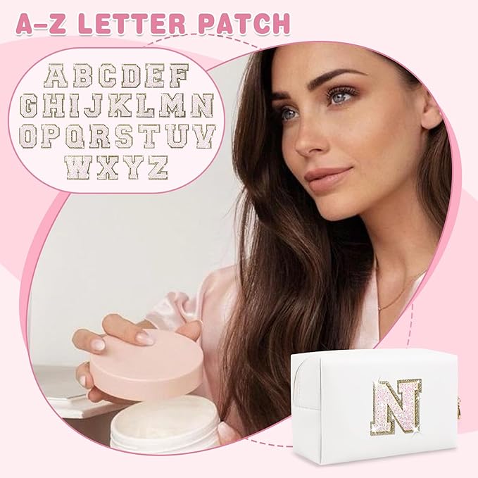 Small Initial Patch Makeup Bag Personalized Gifts Make Up Bag,White Cute PU Leather Glitter Letter Cosmetic Bag with Zipper,Trendy Portable Travel Toiletry Pouch,Preppy Stuff for Teen Girls Women N