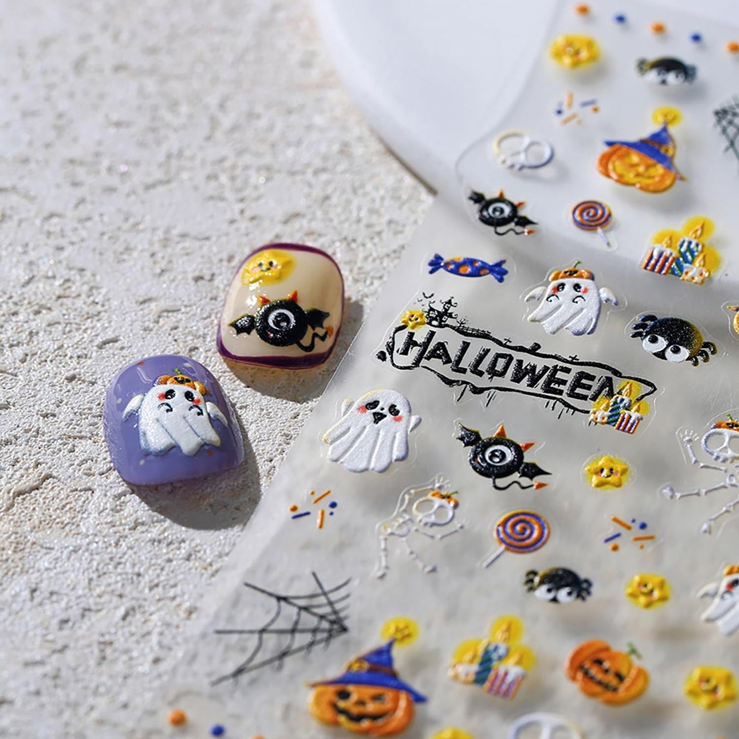 Halloween Nail Stickers 5D Embossed Cute Ghost Nail Art Stickers for Nail Art Designs Halloween Nail Decals Self Adhesive Cute Bat Pumpkin Spider Nail Supplies for Women Nail Decorations