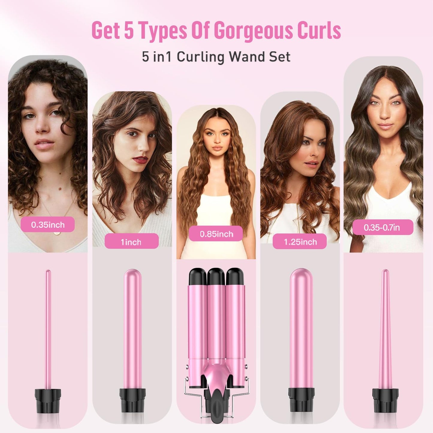 Waver Curling Iron Wand - BESTOPE PRO 5 in 1 Curling Wand Set with 3 Barrel Hair Crimper for Women, Fast Heating Crimper Wand Curler in All Hair Type, Women Gifts - Pink