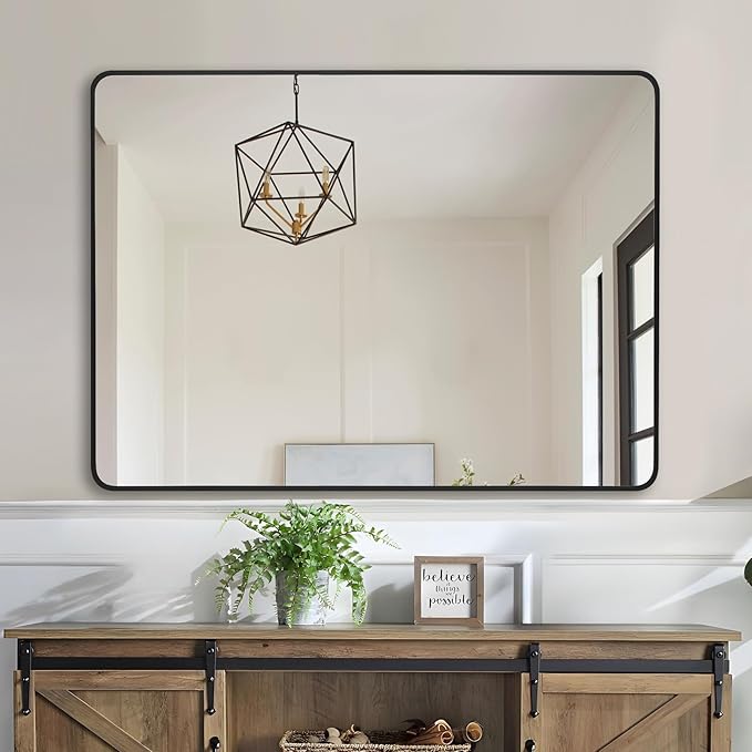 36x48 Inch Matte Black Bathroom Mirror - Copper-Free Mirror, Metal Frame Vanity Rectangle Wall Mounted Modern Mirror for Bedroom/Living Room/Porch Horizontal or Vertical