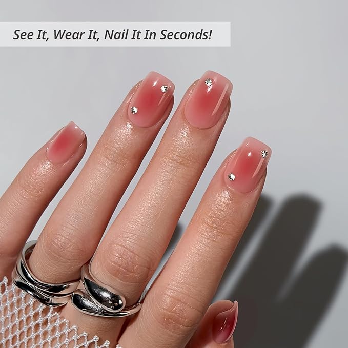 BTArtbox Press On Nails Short - Lamp-Curable Rhinestone Blush Red Square Press On Nails with Glue for Women, Semi-Transparent Soft Gel Glue On Nails in 15 Sizes - 30 Stick On Nails Kit, Cyber Crimson