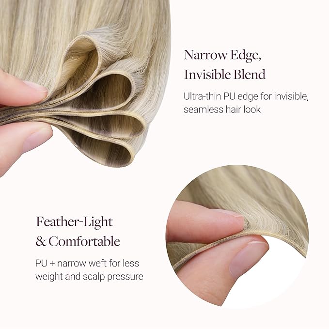 GOO GOO Genius Narrow Edge PU Weft Hair Extensions Human Hair, Invisible Sew in Hair Extensions Human Hair, P17A/60A Ash Blonde Highlighted Platinum Blonde 22 Inch 120g, Seamless Soft Lightweight