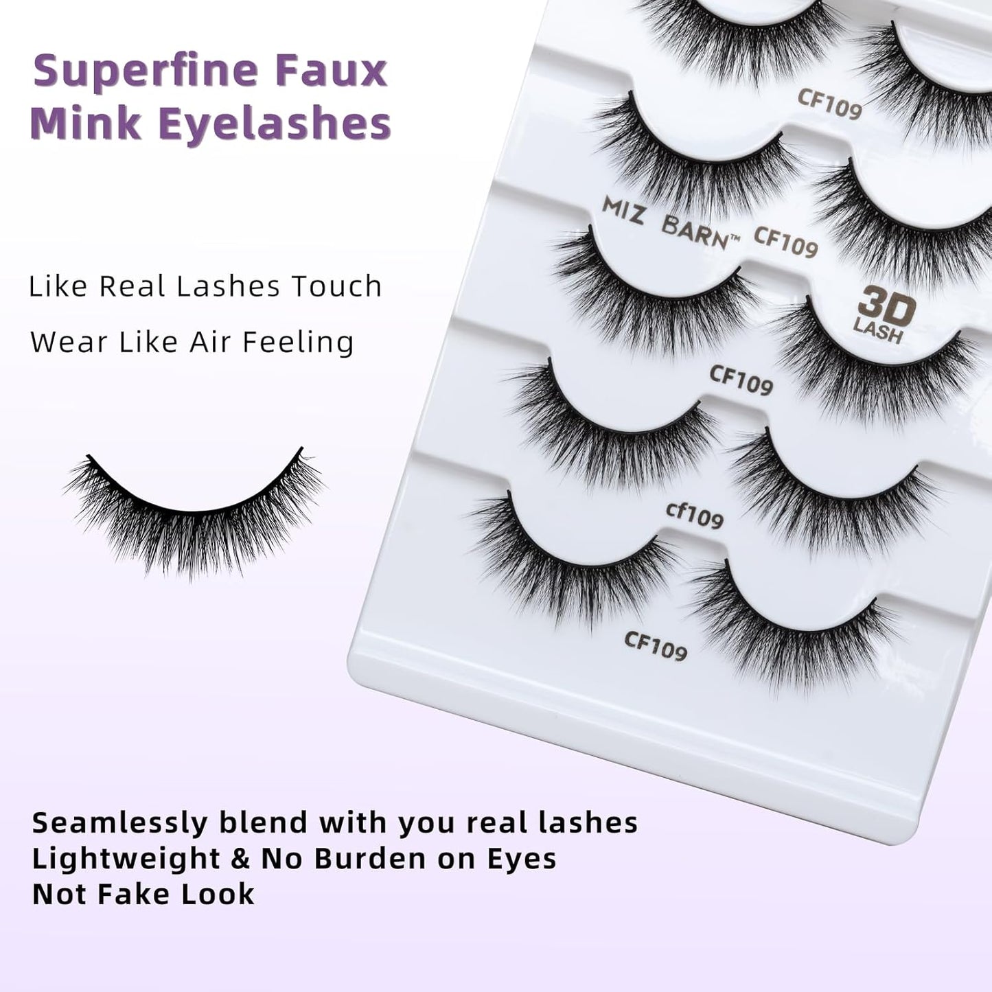 Miz Barn Lashes 5 Pairs Cat Eyes Wispy Lightweight Natural 3D Cashmere Soft Long Extension Eyelashes Pack Handmade Luxurious Volume Fluffy False Eyelashes (CF109)