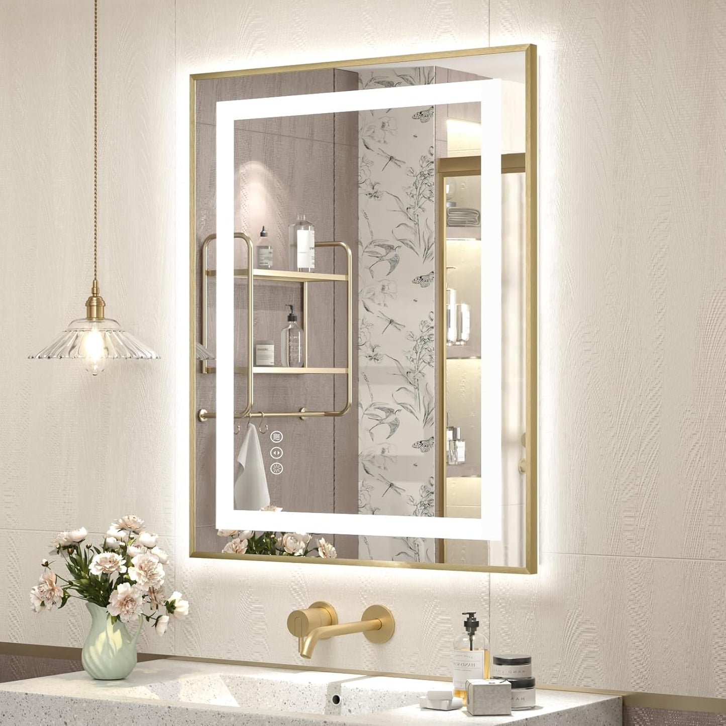 OKPAL 24x32 Gold LED Bathroom Mirror with Lights, Frontlit & Backlit Metal Framed Mirror, Lighted Bathroom Vanity Mirror, Anti-Fog, Dimmable 3 Colors, Shatterproof, Horizontal/Vertical