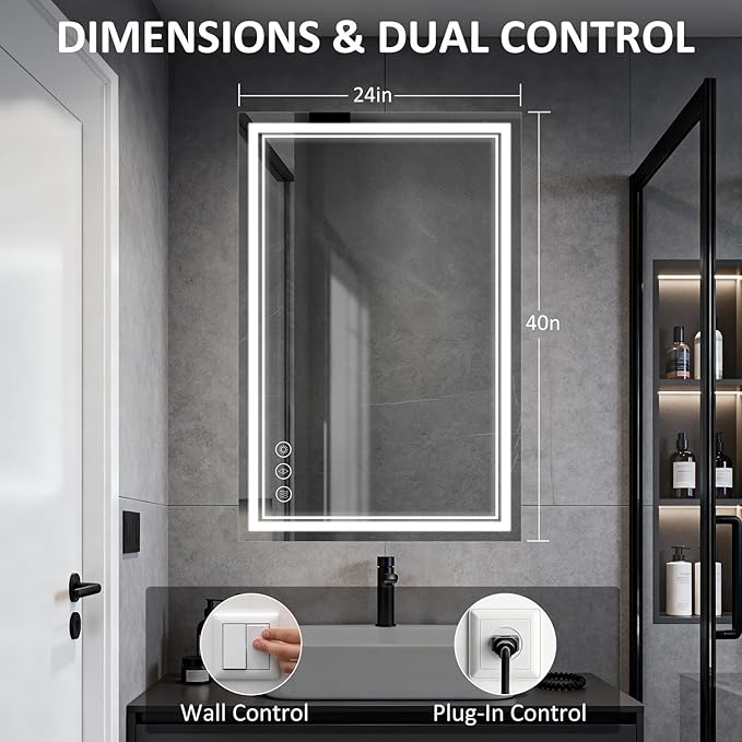 LED Bathroom Mirror 40"x24", 3 Colors Frontlit, Stepless Dimmable, Anti-Fog, Memory, Wall Mounted Vanity Mirror with Lights, Eco Copper-Free, Perfect for Bathroom & Bedroom