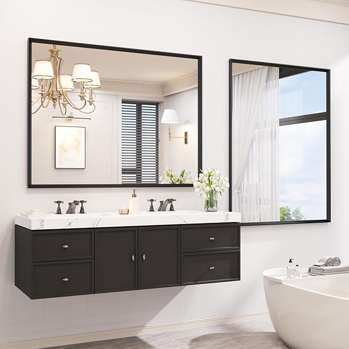 40x36 Inch Bathroom Mirror, Matte Black Framed Rectangle, 4MM Tempered Glass, Anti-Rust, Wall-Mounted Vanity Mirror for Bathroom & Bedroom - Hangs Horizontally or Vertically
