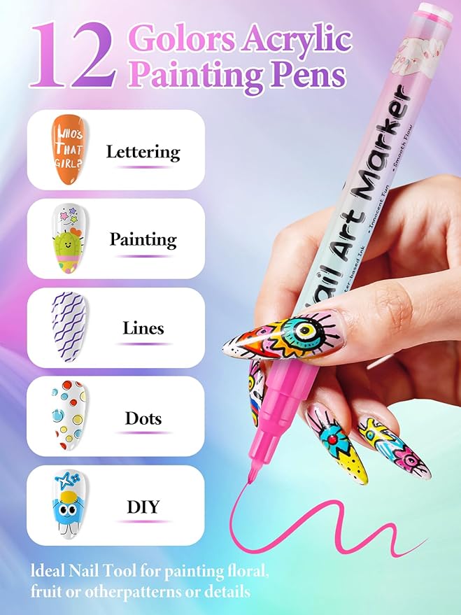 EBANKU 12 Colors Nail Art Marker Pens Set, Nail Polish Pen for Nail Art, Nail Pen for Painting Nail, Acrylic Paint Nail Point Dotting Liner Pen Tools for Home DIY Salon Nail