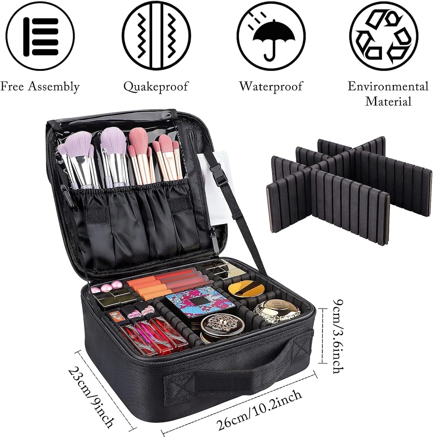 JOURMON Travel Makeup Bag, Large Capacity Cosmetic Train Case for Women Portable Pouch Open Flat Artist Brushes Toiletry Jewelry Digital Organizer Storage Bag with Adjustable Dividers (Black,S)