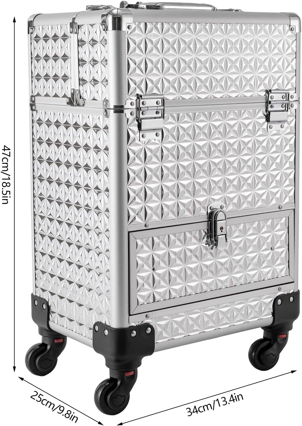 Rolling Makeup Train Case Professional Cosmetic Organizer Large Capacity Trolley Makeup Travel Case with 360° Swivel Wheels for Makeup Artist (Silver)