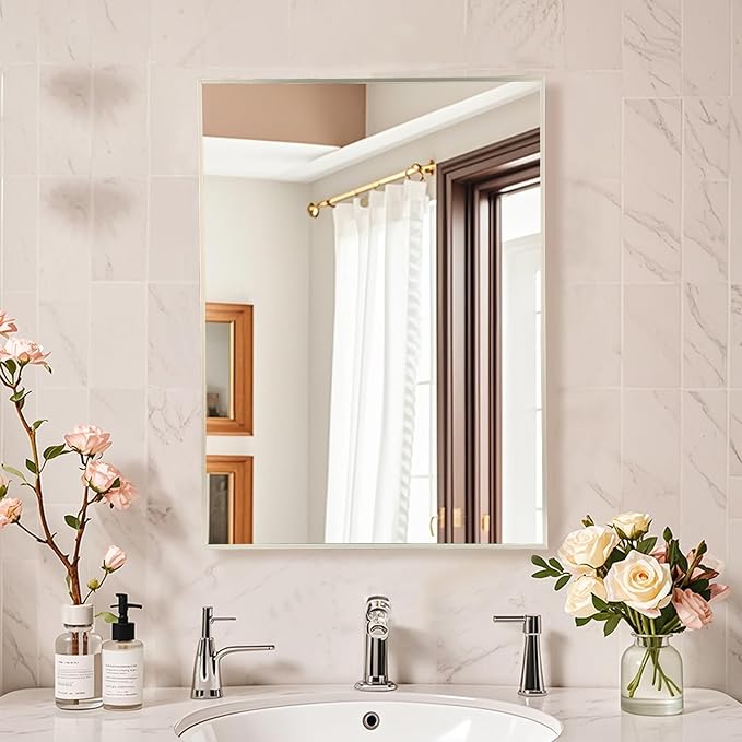 Brushed Nickel Rectangle Mirror, 30x36 Inch Framed Vanity Mirror, Square Corner Mirror for Over Sink, Vanity, Bedroom, Horizontal/Vertical