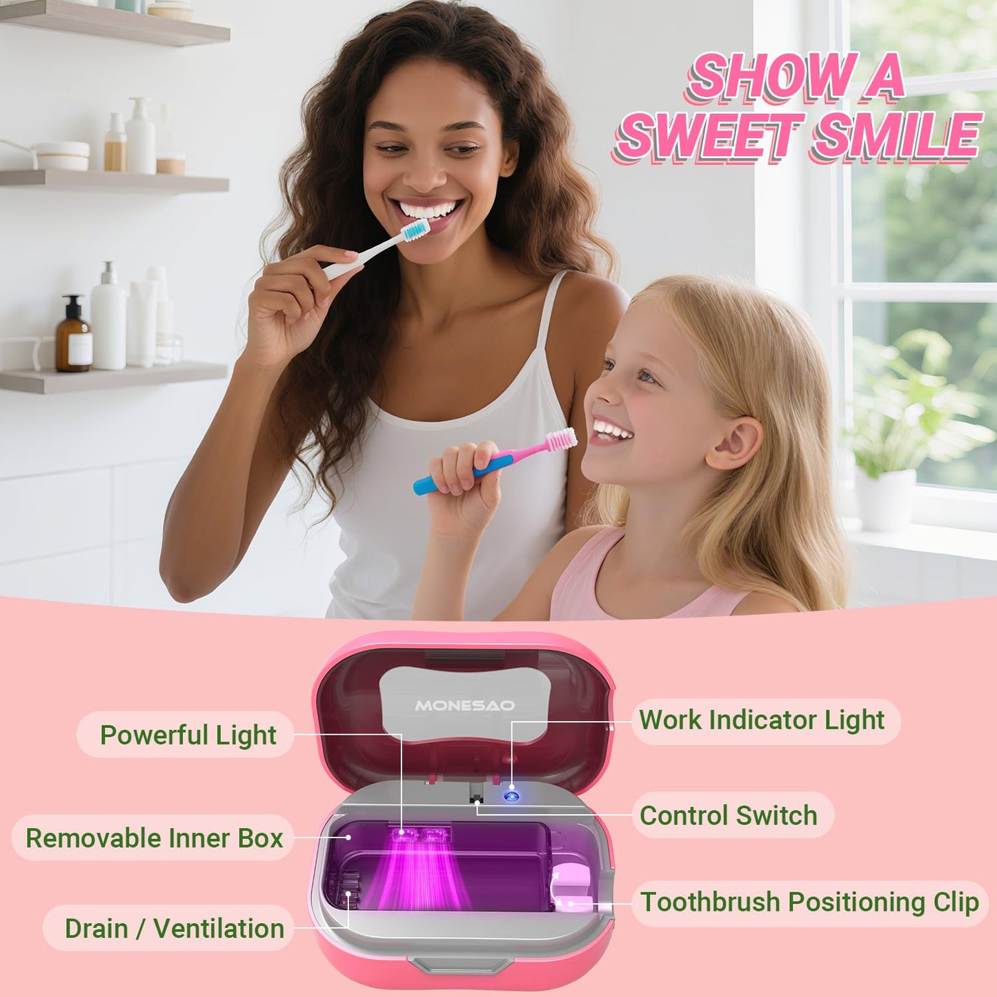 MONESAO Toothbrush Sanitizer Covers, Toothbrush Case with Violet Light - Rechargeable Cleaner Case - Auto Home Travel Tooth Brush Cap Box for Any Electric and Manual Toothbrushes (Pink)