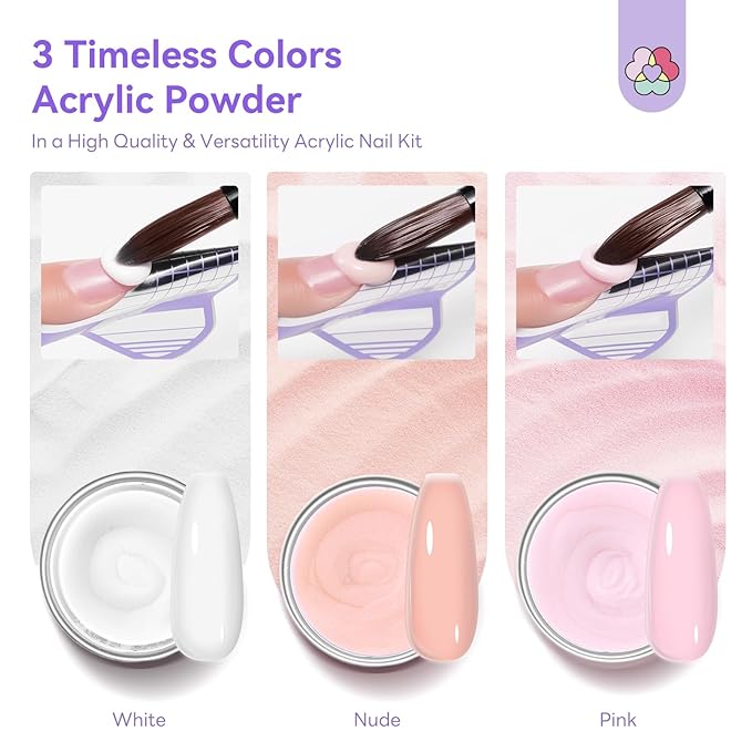 SAVILAND Acrylic Nail Kit for Beginners: Size 8,10,14 Acrylic Powder Brushes with Keratin White Pink Nudes Acrylic Powder DIY Nail Art Tools for 3D Sculpting Extensions Home Salon Use