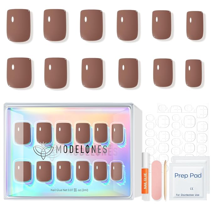 Modelones Mocha Brown Press on Nails, Short Square Fake Nails, Reusable Nail Kit with Nail Glue Adhesive Tabs Mini Nail File, Nails Press Ons 32Pcs16 Sizes