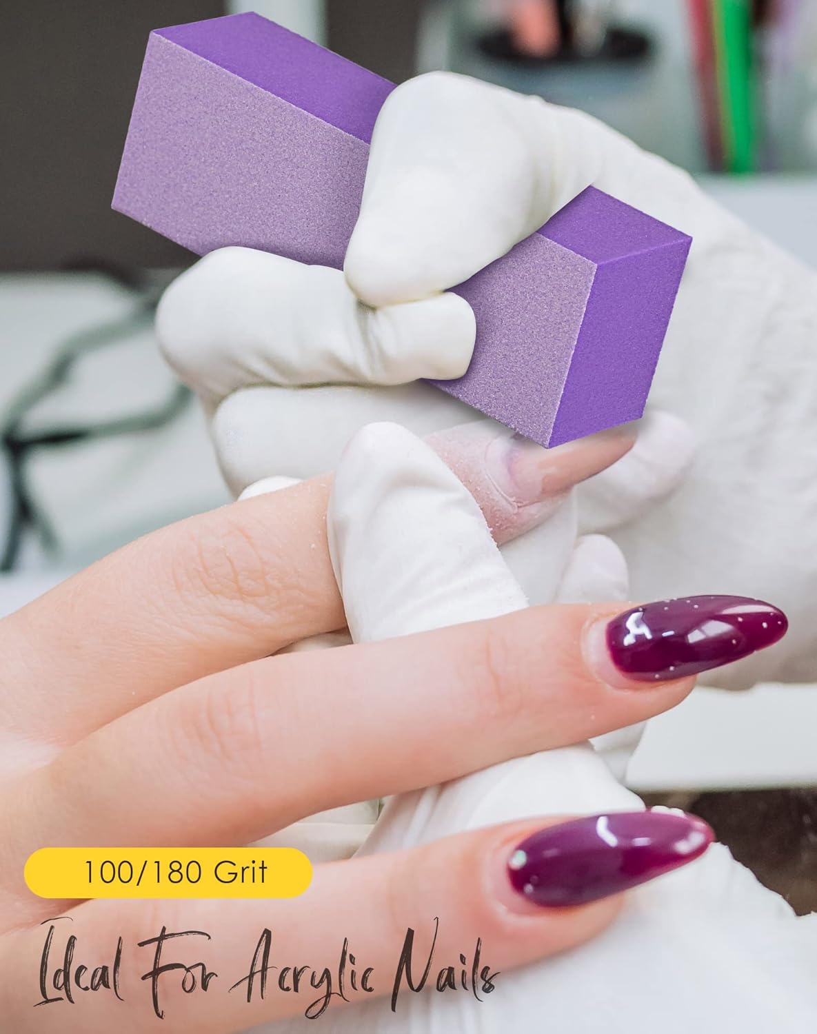 Maryton Nail Buffer Block, Medium/Fine Grit 100/180 Finishing Buffers for Acrylic Nails Gel Polish Nails, 3 Way Professional Pedicure Manicure Buffer Kits, 5 Count (Purple)