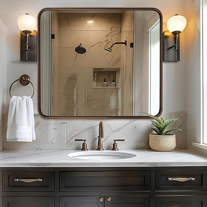 ANDY STAR 40x36 Inch Bronze Bathroom Mirror, Rounded Rectangle Oil Rubbed Bronze Mirrors for Bathroom,Tube Metal Framed, 1’’ Deep Wall Mounted Vertically/Horizontal