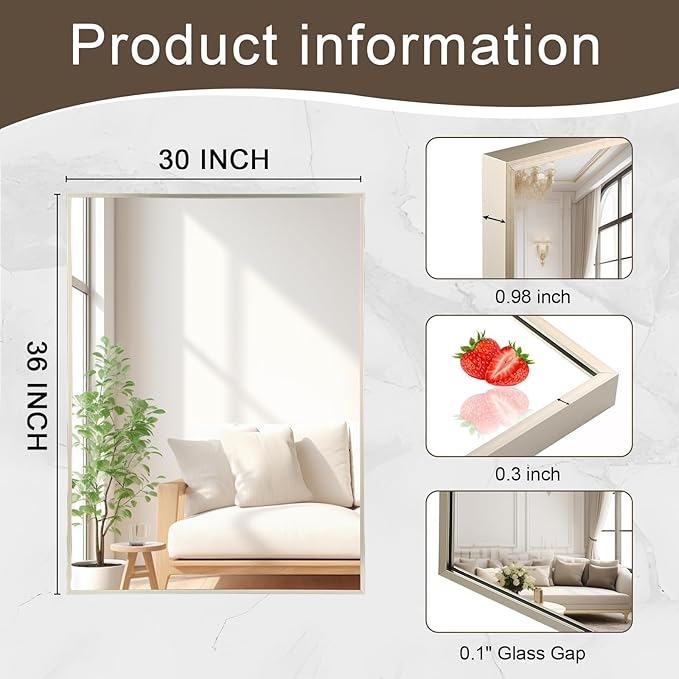 Brushed Nickel Rectangle Mirror, 30x36 Inch Framed Vanity Mirror, Square Corner Mirror for Over Sink, Vanity, Bedroom, Horizontal/Vertical