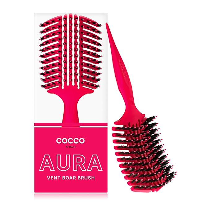 COCCO Aura Vent Boar Brush | Vented Dual-Curved Design for Faster Drying, Effortless Detangling & Shine, Boar + Nylon Bristles, Ergonomic Comfort Handle for Wet & Dry Hair Styling - Pink