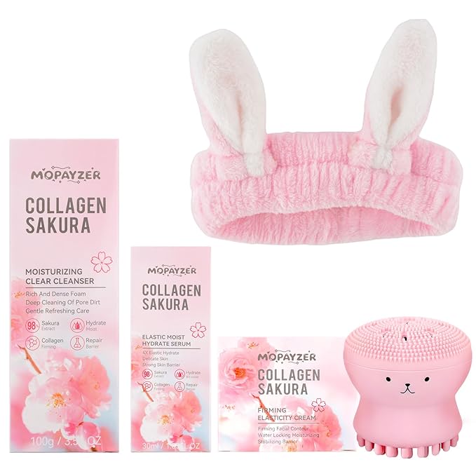 Sakura Skin Care Set for Teen Girls, Skincare Gift Set for Teens 10-12, Hydrating & Soothing, 5 Pcs Collagen Skincare Routine Kit for Women with Cleanser, Serum, Cream, Bunny Headband, Cleansing Brush