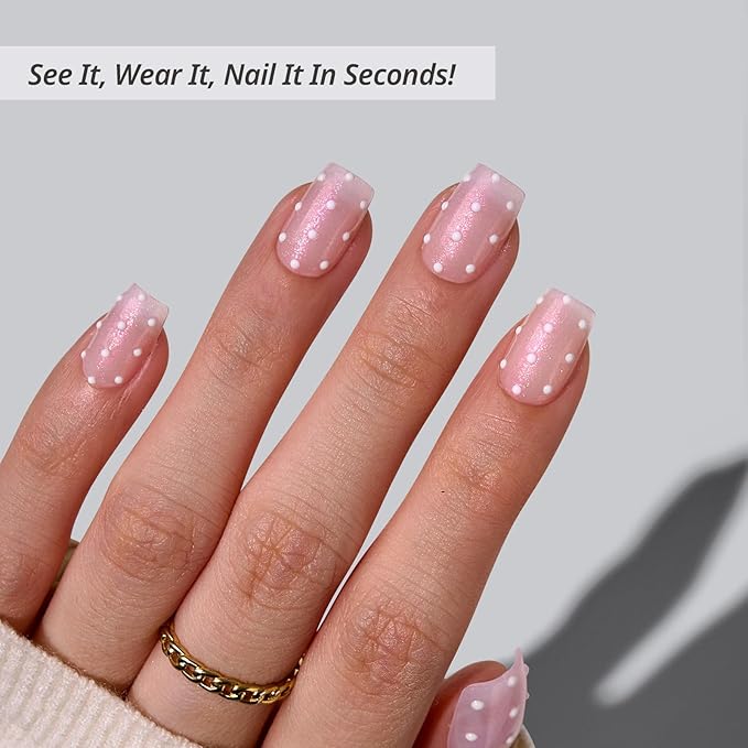 BTArtbox Press On Nails Short - Sugar Pop, Lamp-Curable 3D Polka Dot Glitter Square Press On Nails with Glue and Adhesive Tabs for Women in 16 Sizes - 32 Soft Gel Glue On Nails Kit