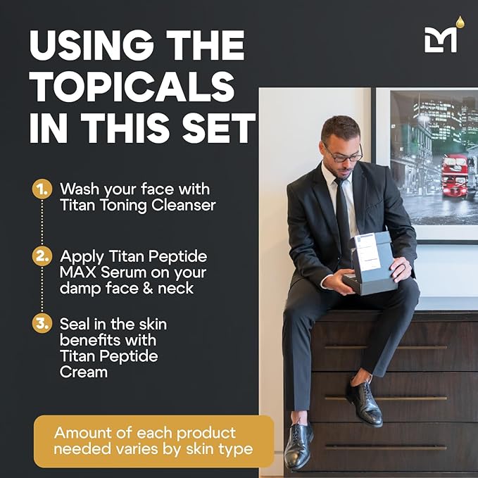 Titan Peptide 3-Piece Anti-Aging Mens Skin Care Kit – Wash, Face Serum, Mens Face Moisturizer – Men, Skin Care Set – Dark Spots, Wrinkles, Fine Lines – Vitamin C, Niacinamide, HA – Unscented