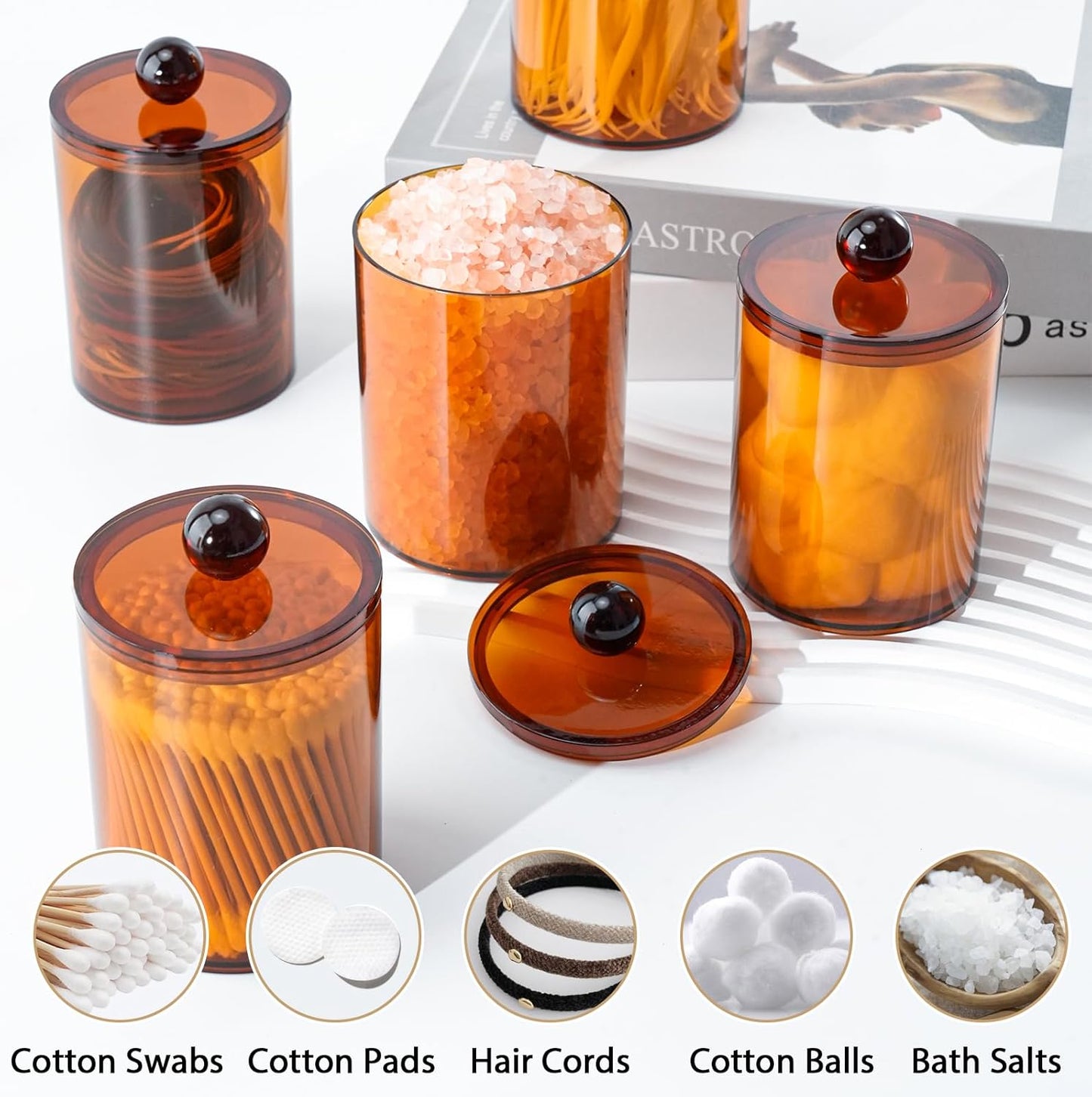 2 Pack Qtip Holder,Canister Apothecary Jar Set, Bathroom Jars with Lids Set for Cotton Swabs, Balls, Pads, Floss Picks,10oz-12oz Plastic Canisters Restroom Bedroom Vanity Organizer(Brown)