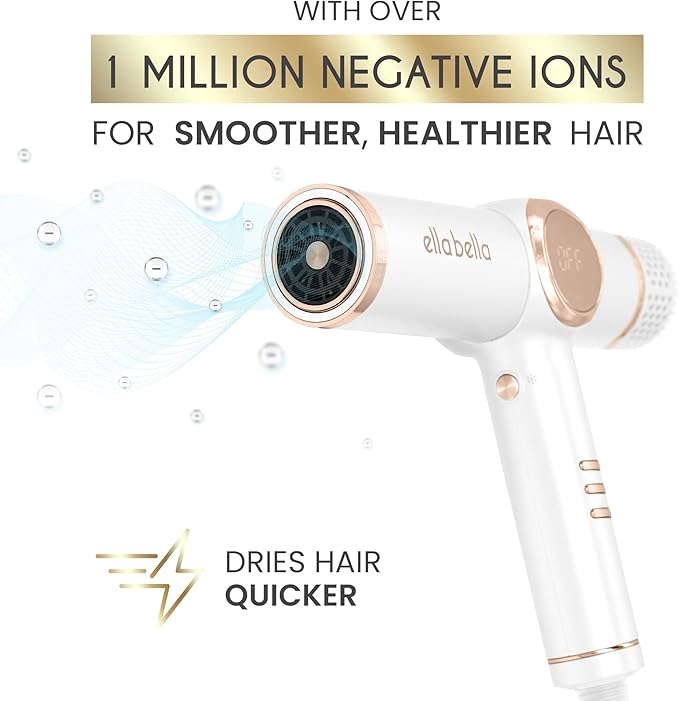 ELLA BELLA® Professional Ionic Hair Dryer with Diffuser • Negative Ion Blow Dryer • Suitable All Hair Types • Intelligent Heat Control & Rapid Drying Speeds • Lightweight Design • Low Noise Technology