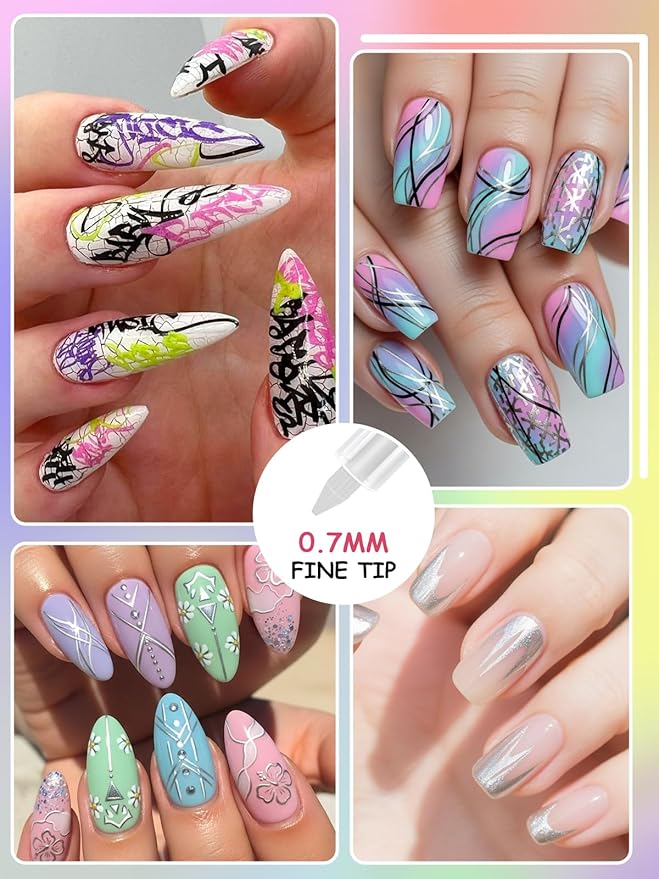 EBANKU 1Pc Nail Art Pens Quick-Drying, 3D 0.7MM Acrylic Paint Pens Nail Polish Pen Nail Art Markers Nail Point Dotting Liner Pen Tools for Home & Salon Nail DIY(Silver)