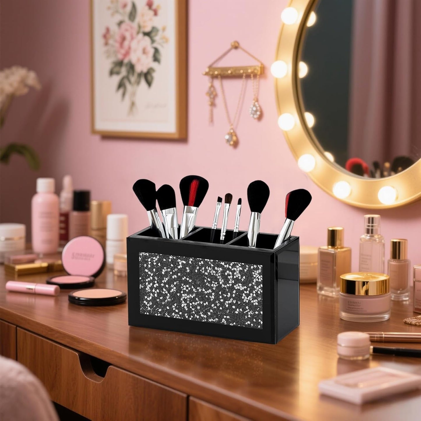 SHYFOY Black Makeup Brush Holder Organizer, 3 Slots Glass Cosmetic Brushes Storage Holder with Crushed Diamond, Pencil Pen Holder for Desk, Desk Organizer and Accessories for Vanity
