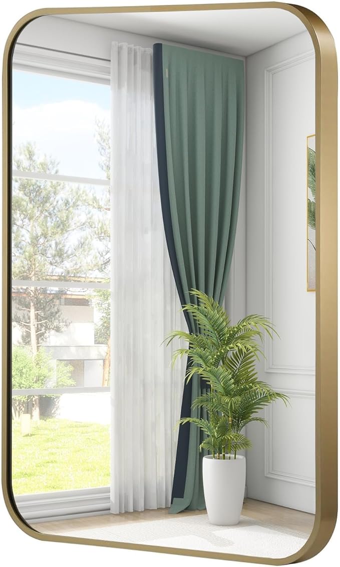 Gold Mirror, 16x24 Inch Framed Rectangle Mirror with Rounded Corner, Brushed Brass Mirror, Gold Bathroom Mirror for Over Sink, Vanity, Living Room, Bedroom, Horizontal/Vertical