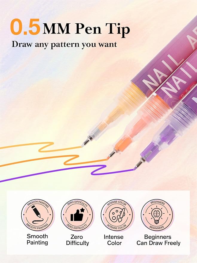 EBANKU 12 Colors 3D Nail Art Pens, Fine Tips 0.5 MM Nail Polish Pens Quick-Drying Acrylic Nail Paint Point Dotting Liner Pen Tools for Home & Salon Manicure DIY