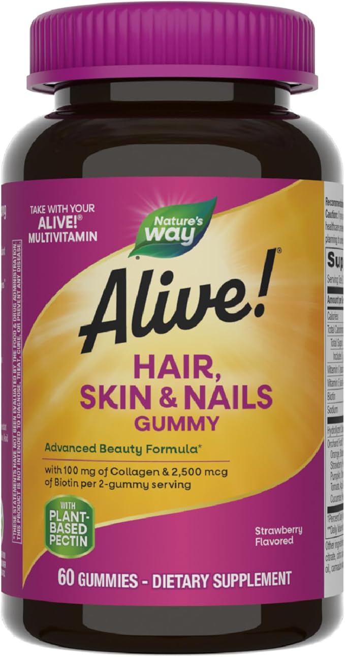 Nature's Way Alive! Hair, Skin & Nails Gummy Supplement, Advanced Beauty Formula*, with Collagen 100 mg & Biotin 2500 mcg per 2-gummies, Strawberry Flavored, 60 Gummies (Packaging May Vary)