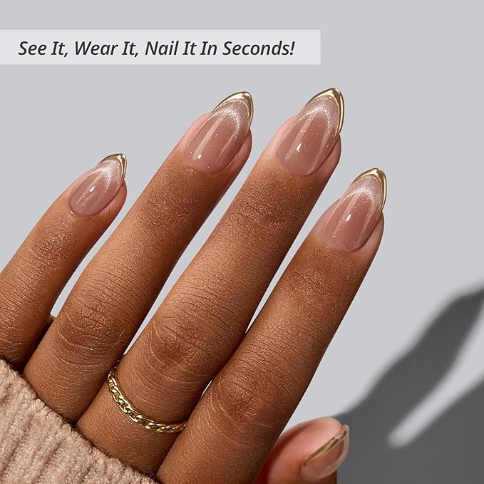 BTArtbox Press On Nails Short - Gold Drops, Lamp-Curable Gold French Tip Cat Eye Almond Press On Nails with Glue and Adhesive Tabs for Women in 16 Sizes - 32 Soft Gel Glue On Nails Kit