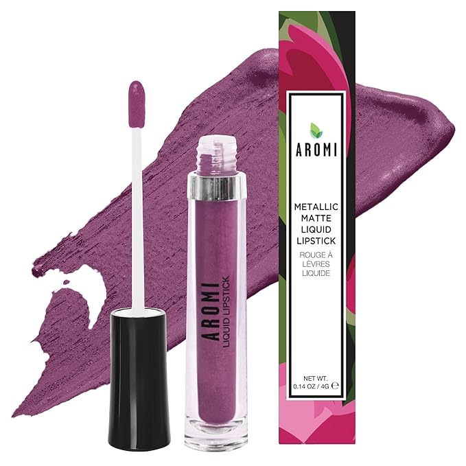 Aromi Metallic Liquid Lipstick | Long-lasting Lip Color for Women with Shimmery Finish, Dark Purple Shade, Waterproof, Vegan (Vulgar Violet)