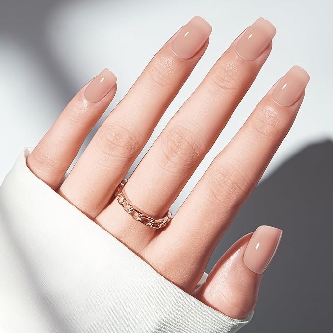 Modelones Sheer Greige Press on Nails, Short Square Fake Nails, Semi-Transparent Reusable Nail Kit with Nail Glue Adhesive Tabs Mini Nail File, Nails Press Ons 32Pcs16 Sizes, Women Girl Gift