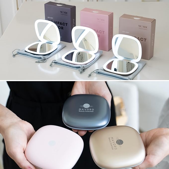 Mavoro LED Lighted Travel Makeup Mirror | 1x/10x Magnification | Rechargeable USB-C | Pocket & Purse Portable Lighted Travel Makeup Compact Mirror, Touch Sensor (Heavenly Pink)