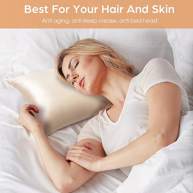 Silk Pillowcase for Hair and Skin, 2 Pack 100% Mulberry Silk Pillowcase 25 Momme, 600 Thread Count, Both Side Pure Silk Pillow Cover with Hidden Zipper (Beige, Standard 20''×26'')